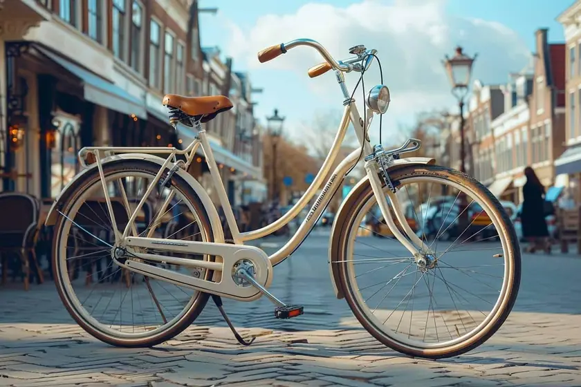 Roadster hollandais en acier noir démonté sur un établi, carter de chaîne et garde-boue posés à côté