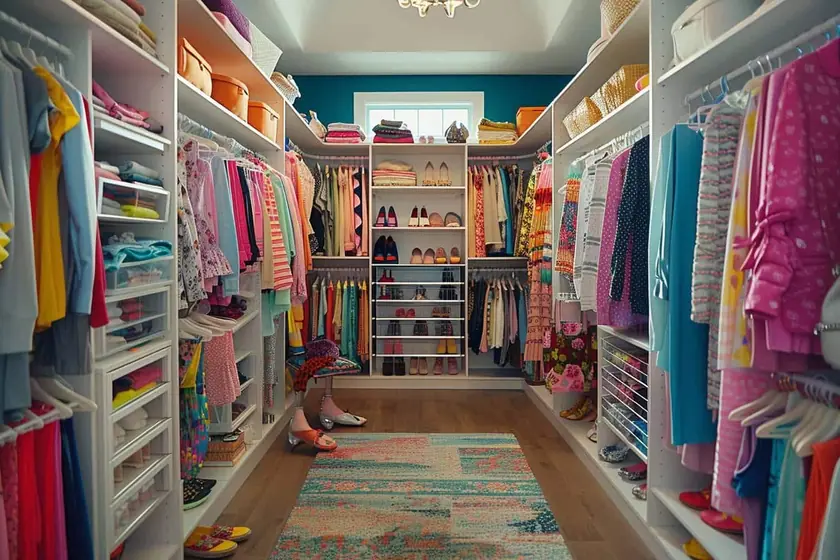 Portant de vêtements classés par taille avec étiquettes de prix, prêt pour une vente entre particuliers