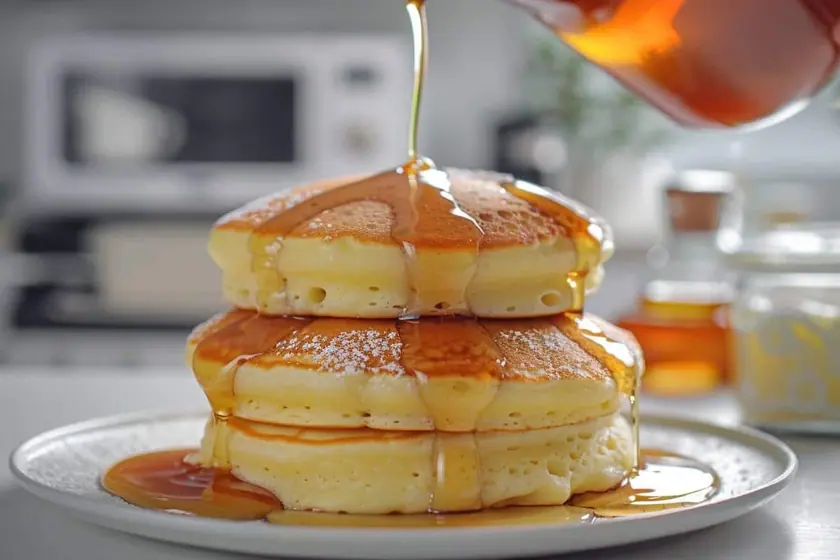 Trois pancakes japonais très épais et dorés empilés dans une assiette blanche