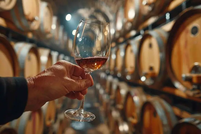 Verre de vin rouge incliné au-dessus d'une nappe blanche pour juger la teinte et le disque