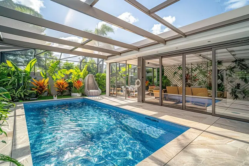 Abri de piscine haut en polycarbonate transparent, panneaux propres reflétant le ciel