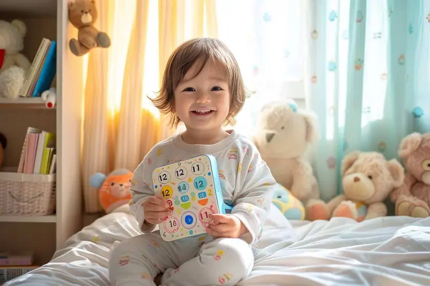 Réveil éducatif à visage lumineux posé sur une table de chevet dans une chambre d'enfant