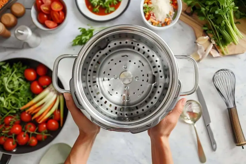 Cocotte fermée sur une plaque de cuisson, soupape en place, léger filet de vapeur au sommet