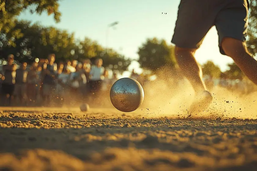 Joueurs alignés derrière un cercle de lancer sur un terrain de pétanque de village en fin de journée