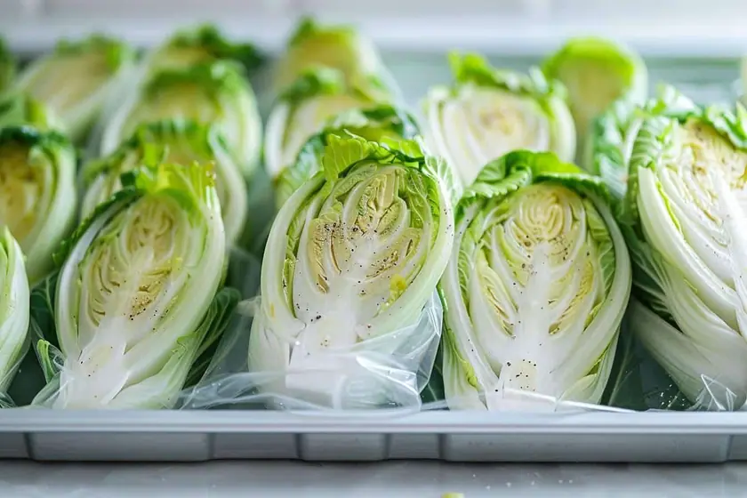 Endives blanchies égouttées sur un linge, disposées à plat sur une plaque avant mise au congélateur