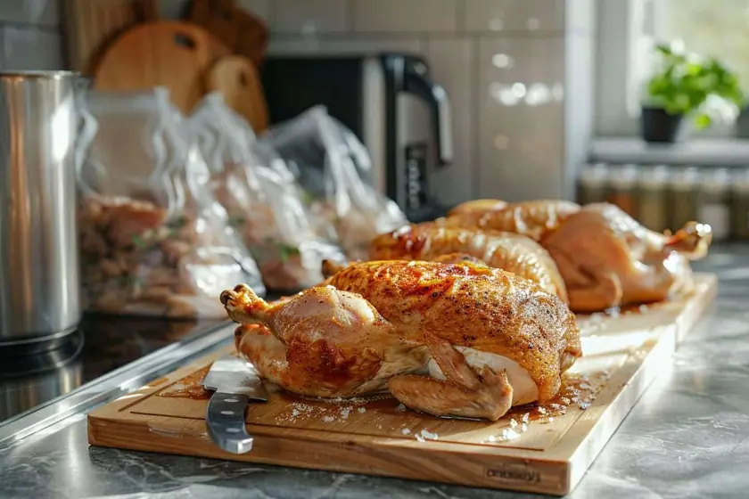 Blancs de poulet rôti portionnés dans des sachets de congélation étiquetés à la date