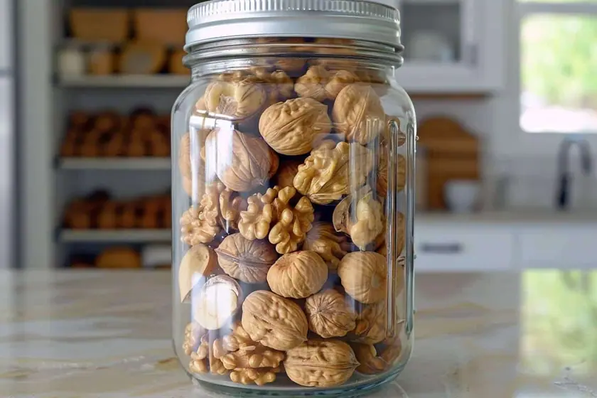 Cerneaux de noix clairs rangés dans un sachet transparent scellé posé sur un plan de travail en bois