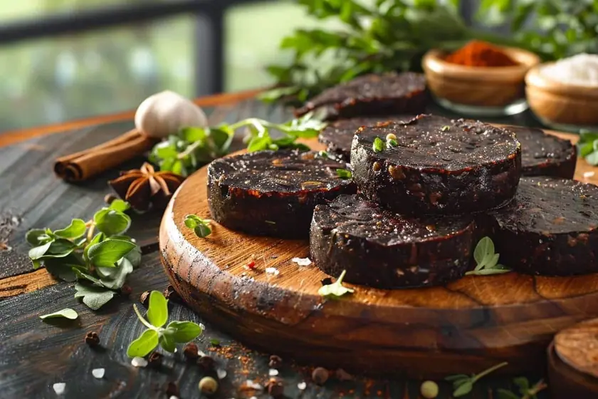 Boudins noirs en couronne posés sur un plat de charcuterie dans une cuisine