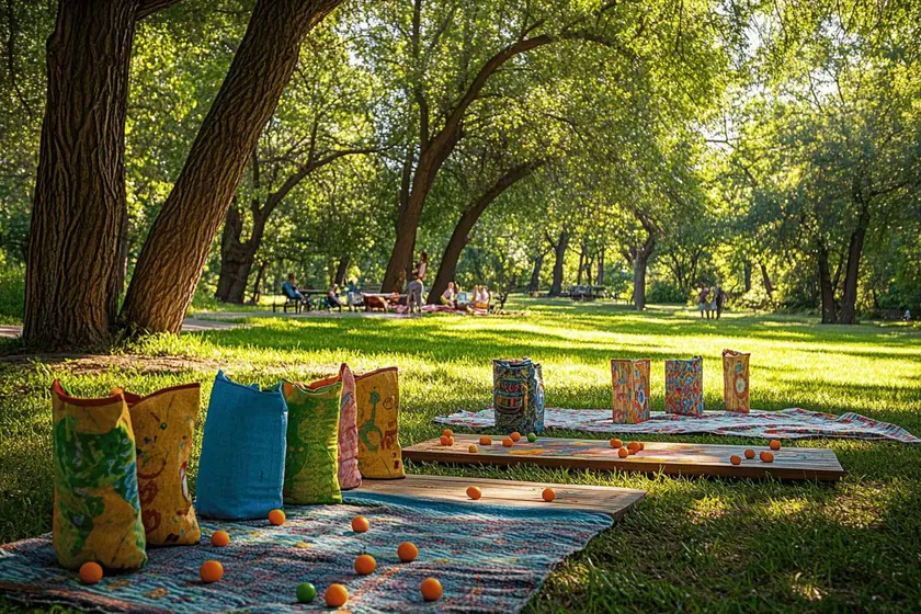 Deux plateaux de cornhole posés sur une pelouse avec des sacs de toile colorés au sol