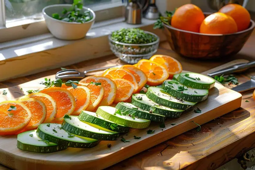 Rondelles de courgette dorées à la poêle parsemées de zeste de clémentine râpé
