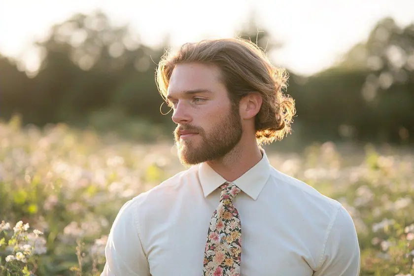 Cravate en lin beige nouée sur une chemise blanche et un gilet de costume clair, avec boutonnière végétale