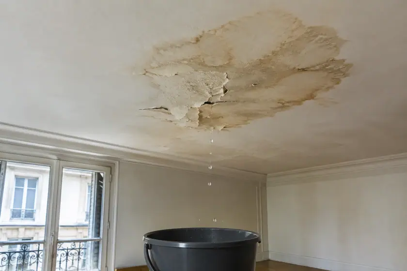 Plafond d'appartement taché par un dégât des eaux, peinture qui cloque et seau recueillant les gouttes