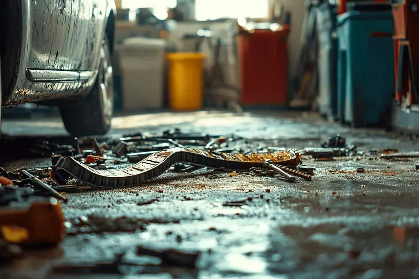Vue rapprochée d'une courroie de distribution et de ses galets sur un moteur ouvert en atelier