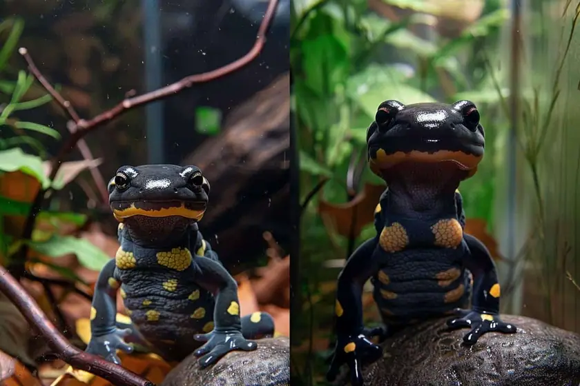 Salamandre noire tachetée de jaune posée sur un tapis de mousse humide et de feuilles mortes