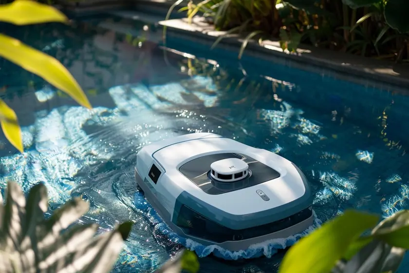 Robot électrique de piscine nettoyant le fond d'un bassin enterré aux eaux claires