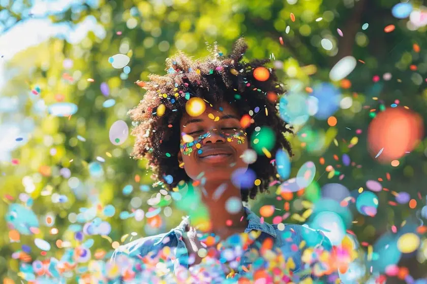 Confettis multicolores éparpillés sur un parquet clair après une soirée