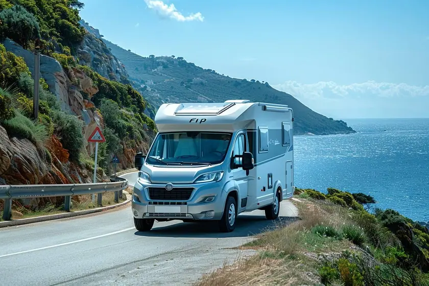 Camping-car profilé stationné en bord de route de montagne au lever du jour