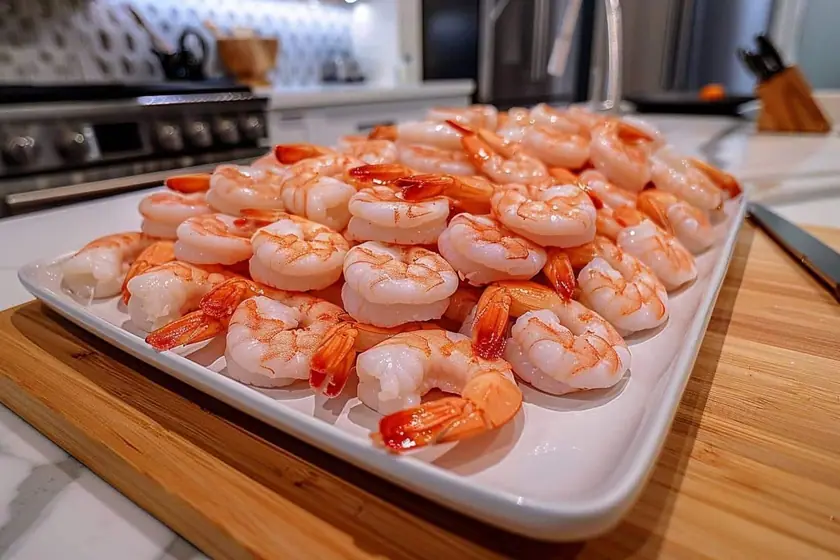 Crevettes crues grises encore prises dans leur pellicule de glace, sorties d'un sachet de congélation