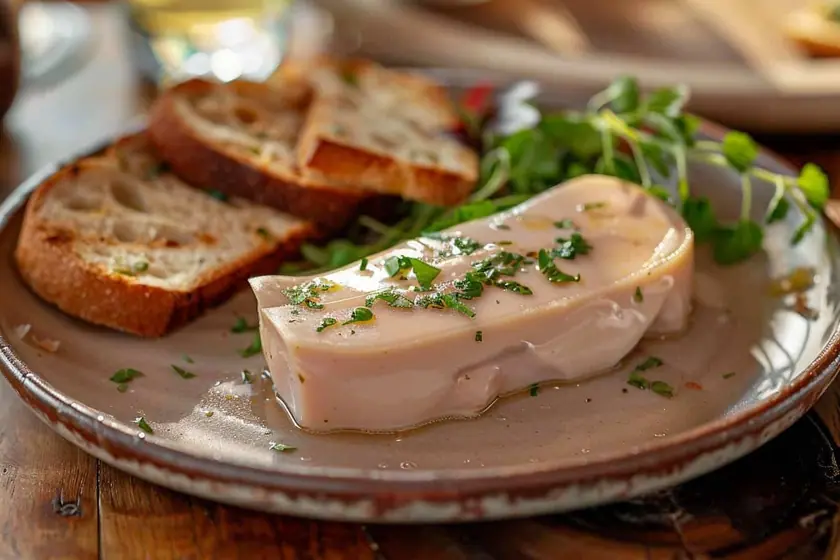 Tranches de foie gras mi-cuit posées sur une planche en bois près d'un sachet de congélation