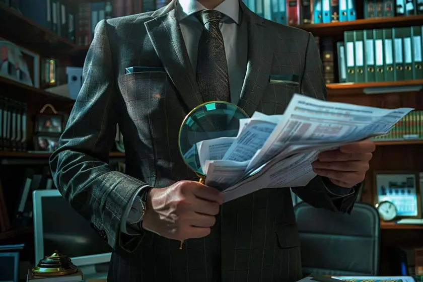 Conseiller fiscal analysant des documents comptables et réglementaires dans son bureau