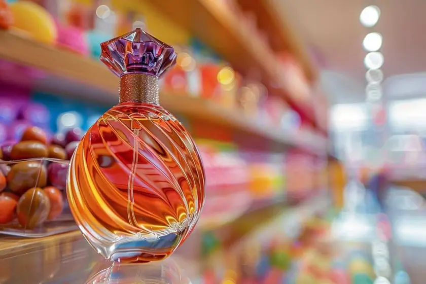 Flacon de parfum aux reflets orangés posé sur une étagère de boutique entourée de bonbons