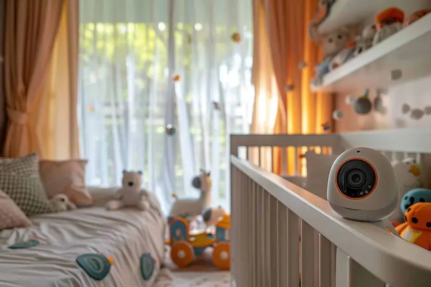 Unité parent d'un babyphone posée sur son socle de charge près d'un lit à barreaux