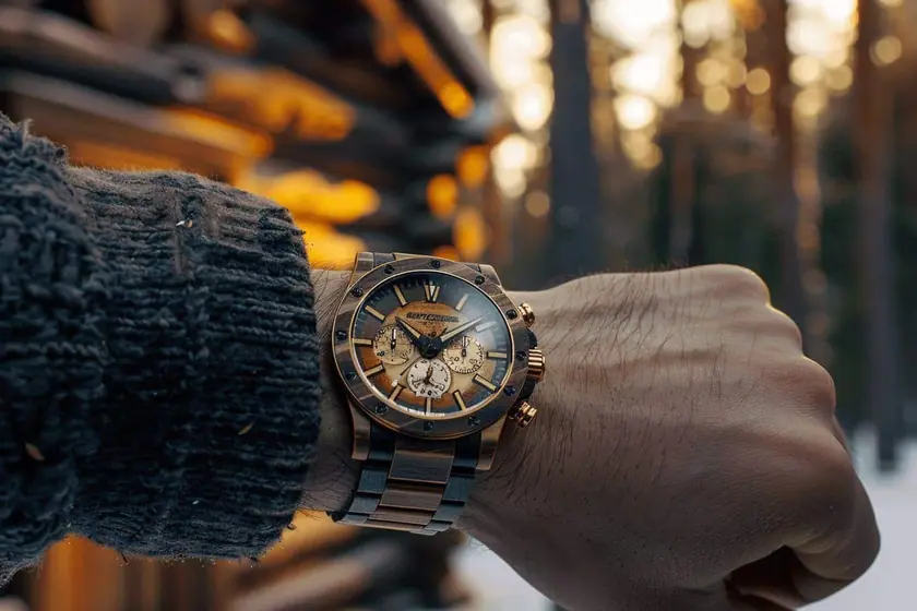 Montre à boîtier et bracelet en bois clair posée sur un plan de travail en chêne