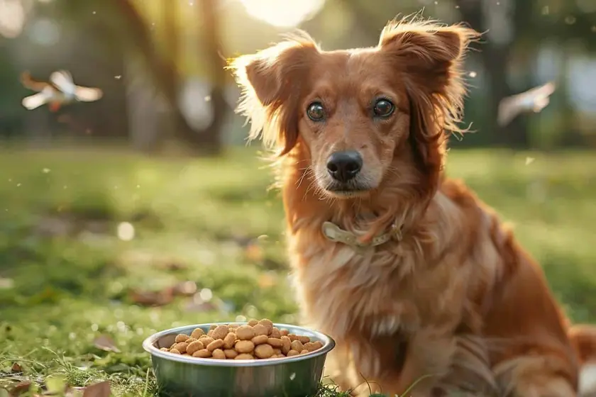 Chien attendant devant sa gamelle remplie de croquettes dans une cuisine claire