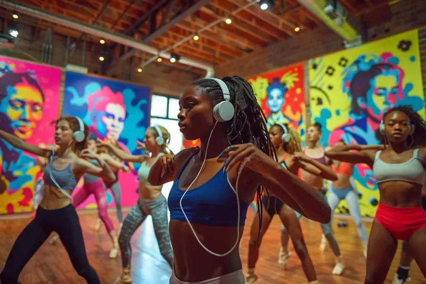 Groupe d'adolescents en studio de danse devant un miroir, enceinte posée au sol