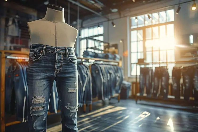 Jean brut en denim épais posé à plat, coutures d'entrejambe et rivets de poche bien visibles