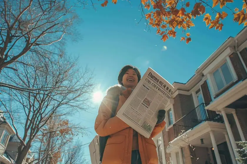 Personne souriante lisant un grand journal déplié devant des maisons par temps clair