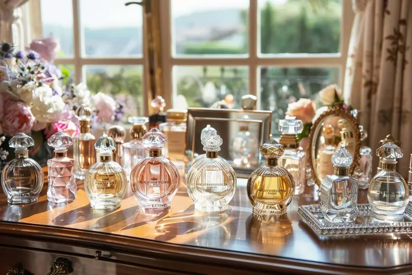 Deux flacons de parfum sans étiquette posés près d'une touche à sentir sur un plan clair
