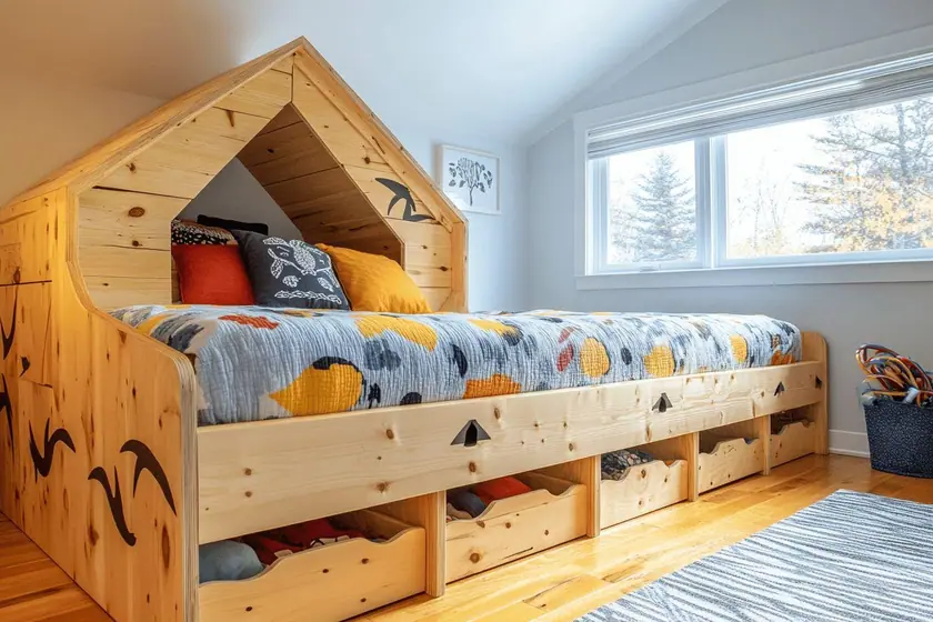 Lit cabane surélevé en bois clair avec toit à deux pentes, échelle latérale et caissons de rangement dessous