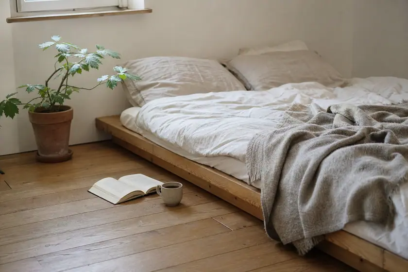 Chambre lumineuse avec un lit au sol en bois clair, literie en lin et plante en pot de terre cuite
