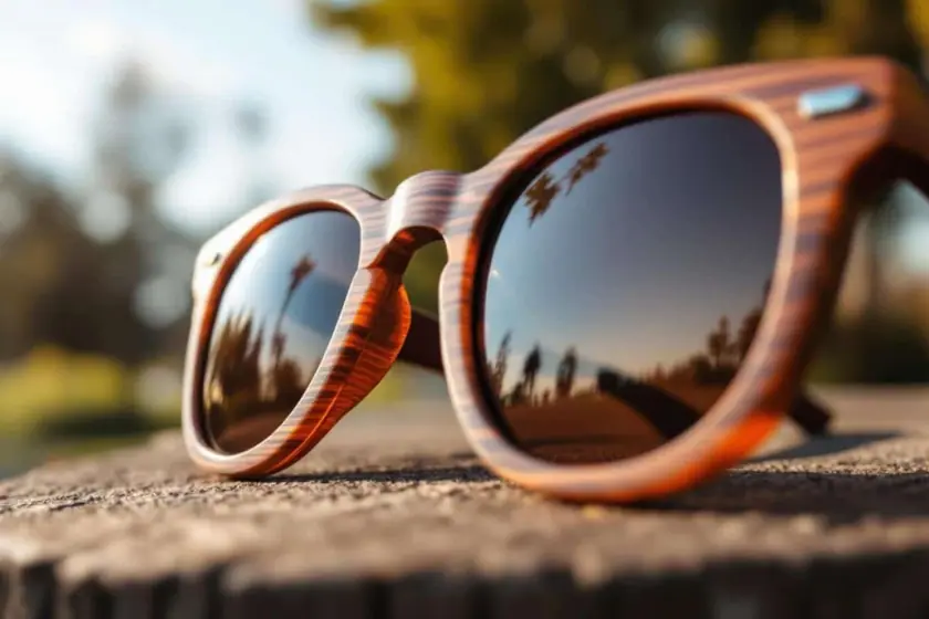 Monture de lunettes de soleil en bois clair posée sur une table en bois brut, branches repliées