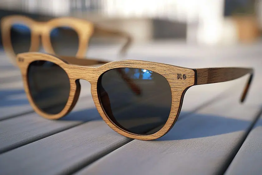 Paire de lunettes de soleil à monture en bois clair posée sur un plan de travail