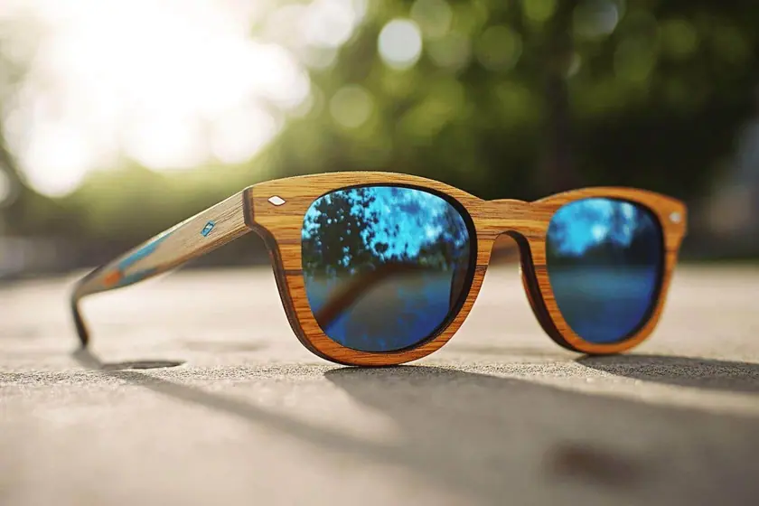 Paire de lunettes de soleil à monture en bois clair posée sur une table, branches ouvertes