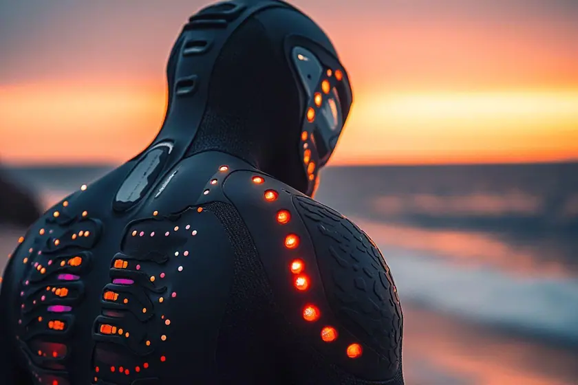 Combinaison de surf noire suspendue à un cintre large, encore humide, devant une plage au petit matin