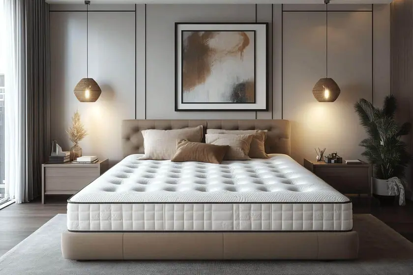 Matelas deux places ferme habillé de linge clair dans une chambre lumineuse aux tons naturels