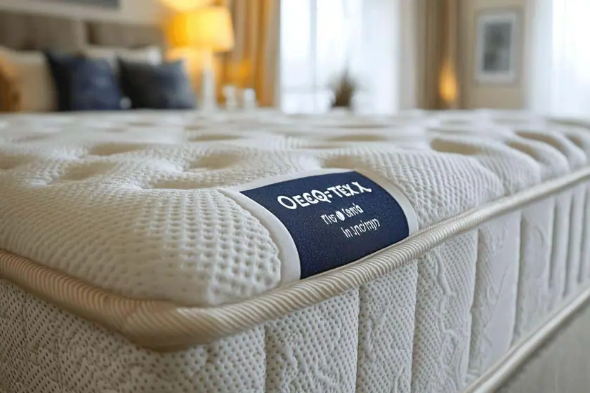 Matelas au coutil blanc portant une étiquette de certification textile, dans une chambre claire