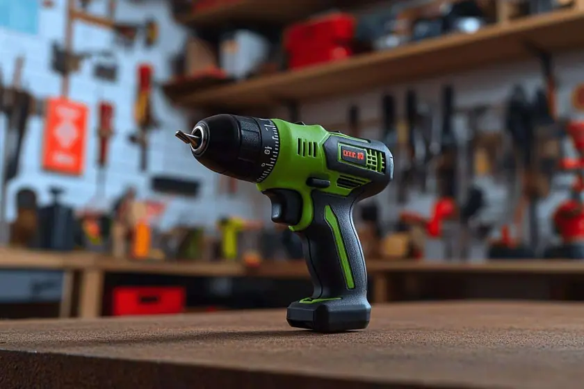 Mini perceuse sans fil et ses accessoires de gravure et de ponçage sur un établi