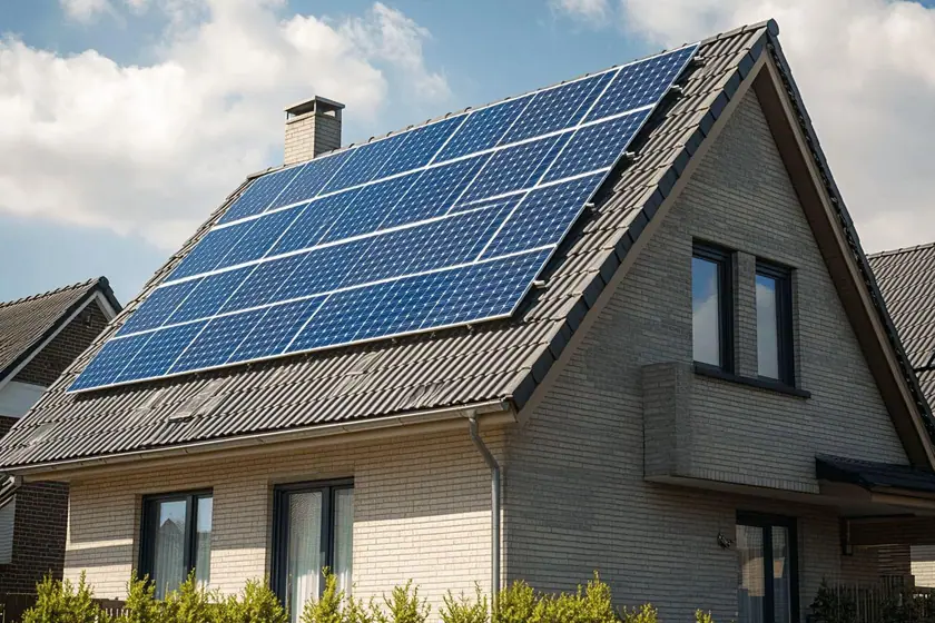 Toiture résidentielle équipée de panneaux photovoltaïques sous un ciel dégagé