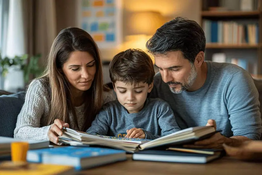 Enfant et adulte assis côte à côte devant un cahier de lecture ouvert