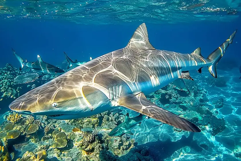 Ange de mer posé sur un fond de sable clair observé par un plongeur aux Canaries
