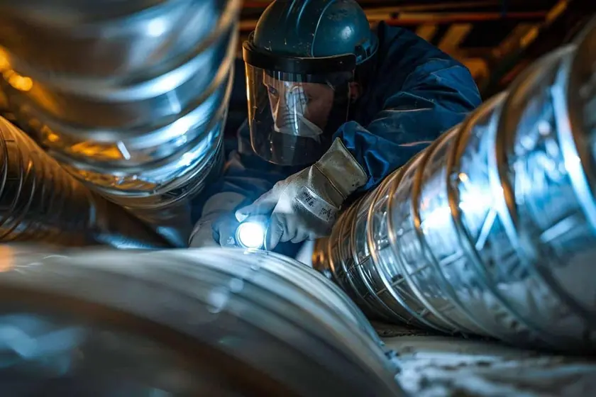Technicien inspectant l'intérieur d'un conduit de ventilation métallique avec une caméra sur perche