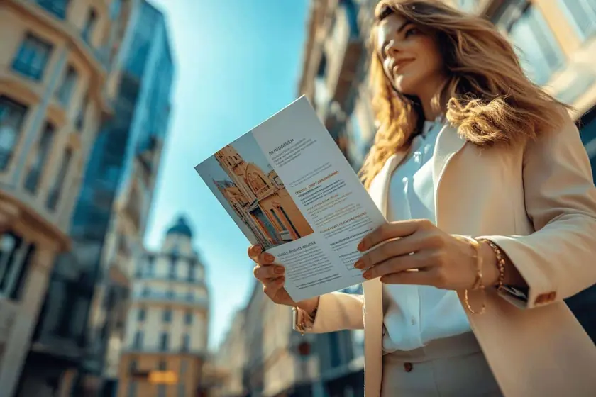 Plaquette commerciale ouverte sur une double page mêlant visuels de réalisations et colonnes de texte