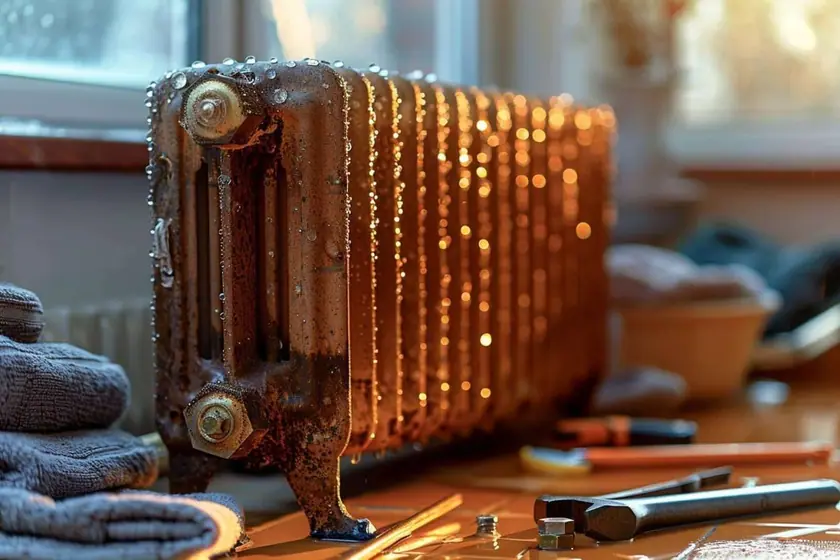 Purge d'un radiateur à eau chaude avec une clé de purge et un récipient