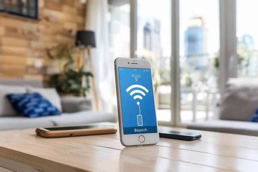 Main tenant un iPhone sur l'écran des réglages Bluetooth à côté d'écouteurs sans fil dans leur boîtier ouvert