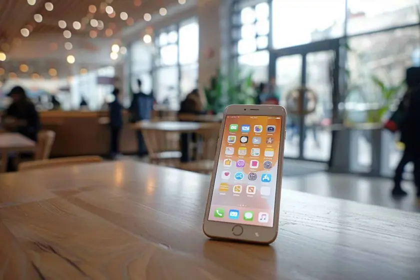 iPhone tenu en main avec une application figée à l'écran et le geste de balayage pour la fermer
