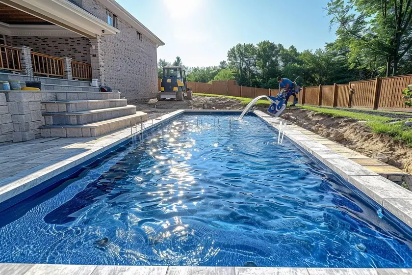 Chantier de construction d'une piscine enterrée avec structure en cours de réalisation